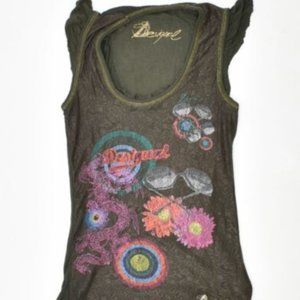 GUC - DESIGUAL Womens Graphic Vest Top US 6 Green Floral Viscose